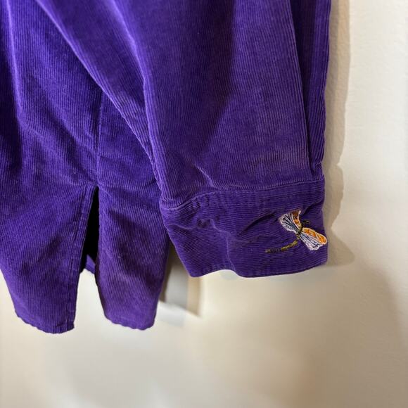 Whimsical Dragonfly Embroidered Button Down Purple Cotton Shirt | Bright Winter - Picture 4 of 9